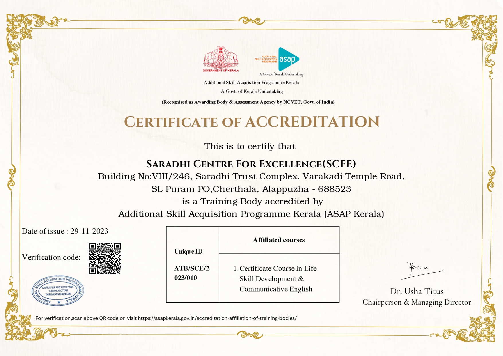 Certificate of Accreditation — ASAP Kerala — Govt. of Kerala (recognised by NCVET, Govt. of India)