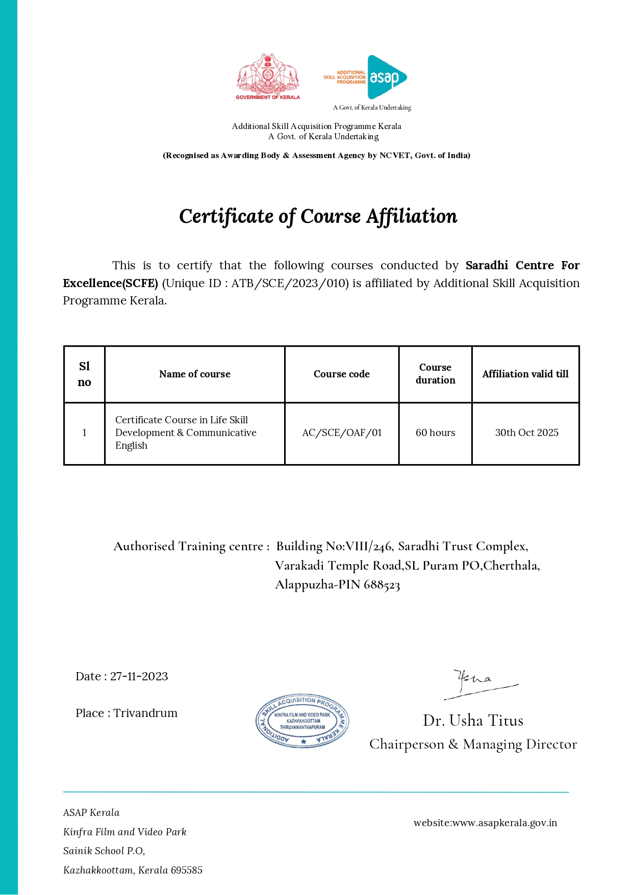 Certificate of Course Affiliation — ASAP Kerala — Additional Skill Acquisition Programme